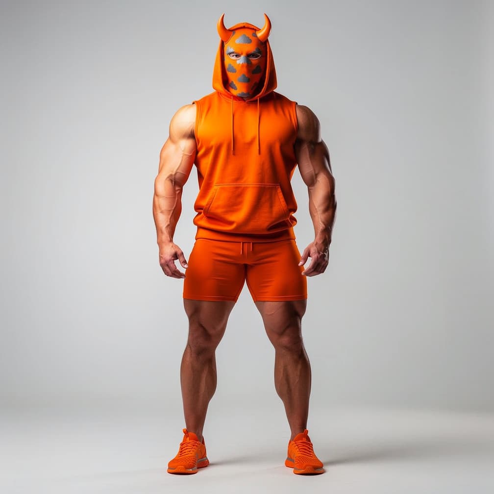 AI generated: A big muscular man wearing deep orange short shorts and a deep orange tank top with a hood plus a de...