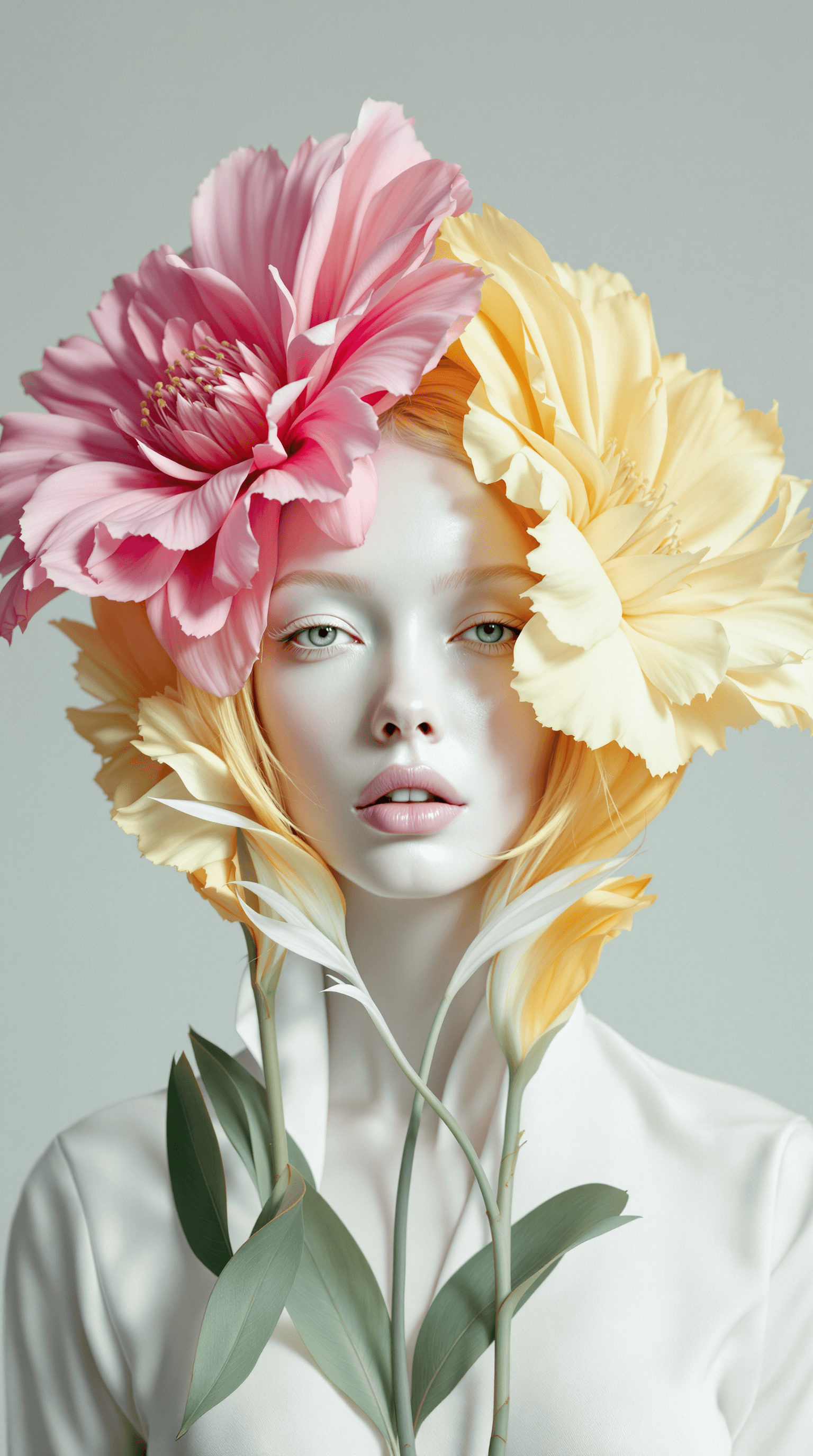 AI generated: A surreal and elegant editorial portrait featuring a white blanck pale model with striking gold hair...