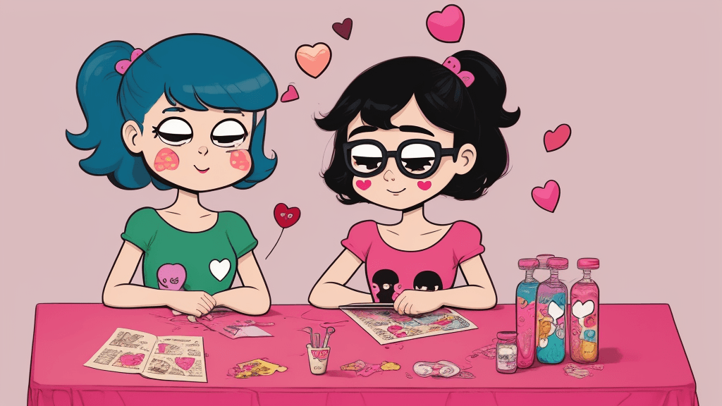 AI generated: a comic with two girls and glueing things on a table, in the style of cute and colorful, wrapped, va...