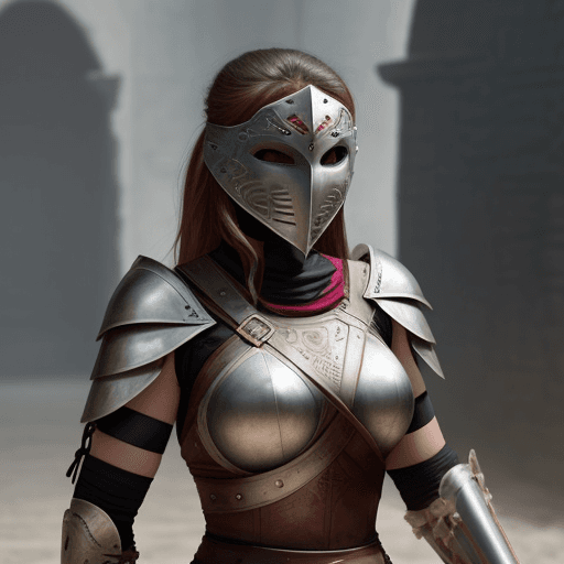AI generated: female warrior wearing an iron mask