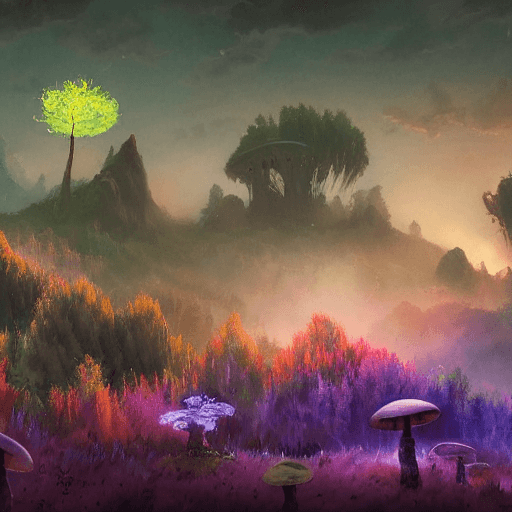 AI generated: concept art painting of a fantasy alien fungal landscape at night, magenta trees, glowing blue mushr...