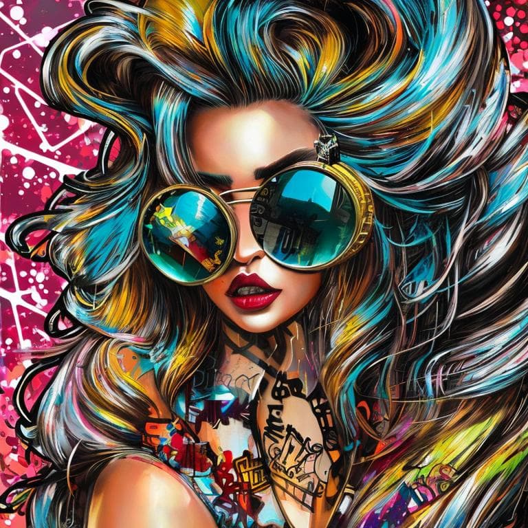 AI generated: close up, full color painting of cyberpunk girl, sunglasses, high heel shoes, perfect hourglass figu...