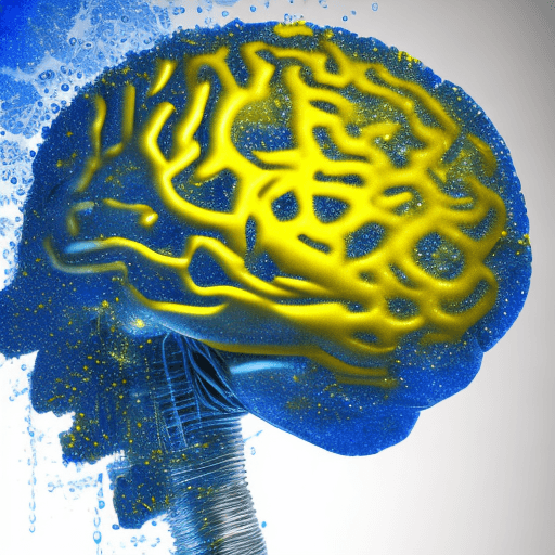 AI generated: cyber brain in chrome liquid metal with yellow and blue particles around, scientific look, clean whi...