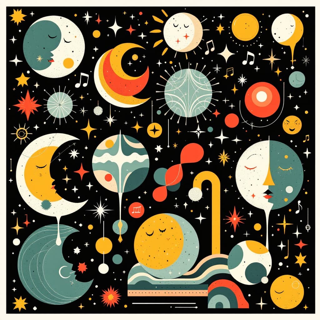 AI generated: A colorful poster with various shapes and patterns, including moons, musical notes, constellations, ...