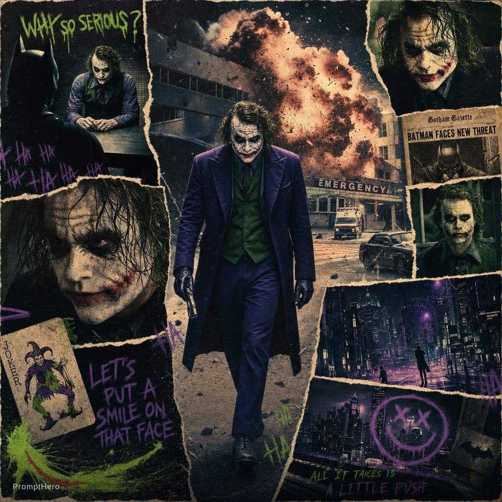 AI generated: A retro vintage collage design of Heath Ledger as the Joker. The central image shows him walking in ...