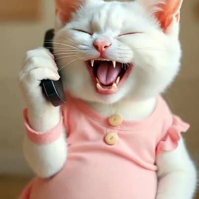 AI generated video: Cute cat is talking on mobile phone , shouting loudly with wide mouth 