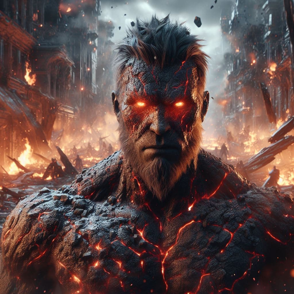 AI generated: In this portrait, Ymir is shown in his Ragnarok skin, standing amidst the ruins of a shattered city....
