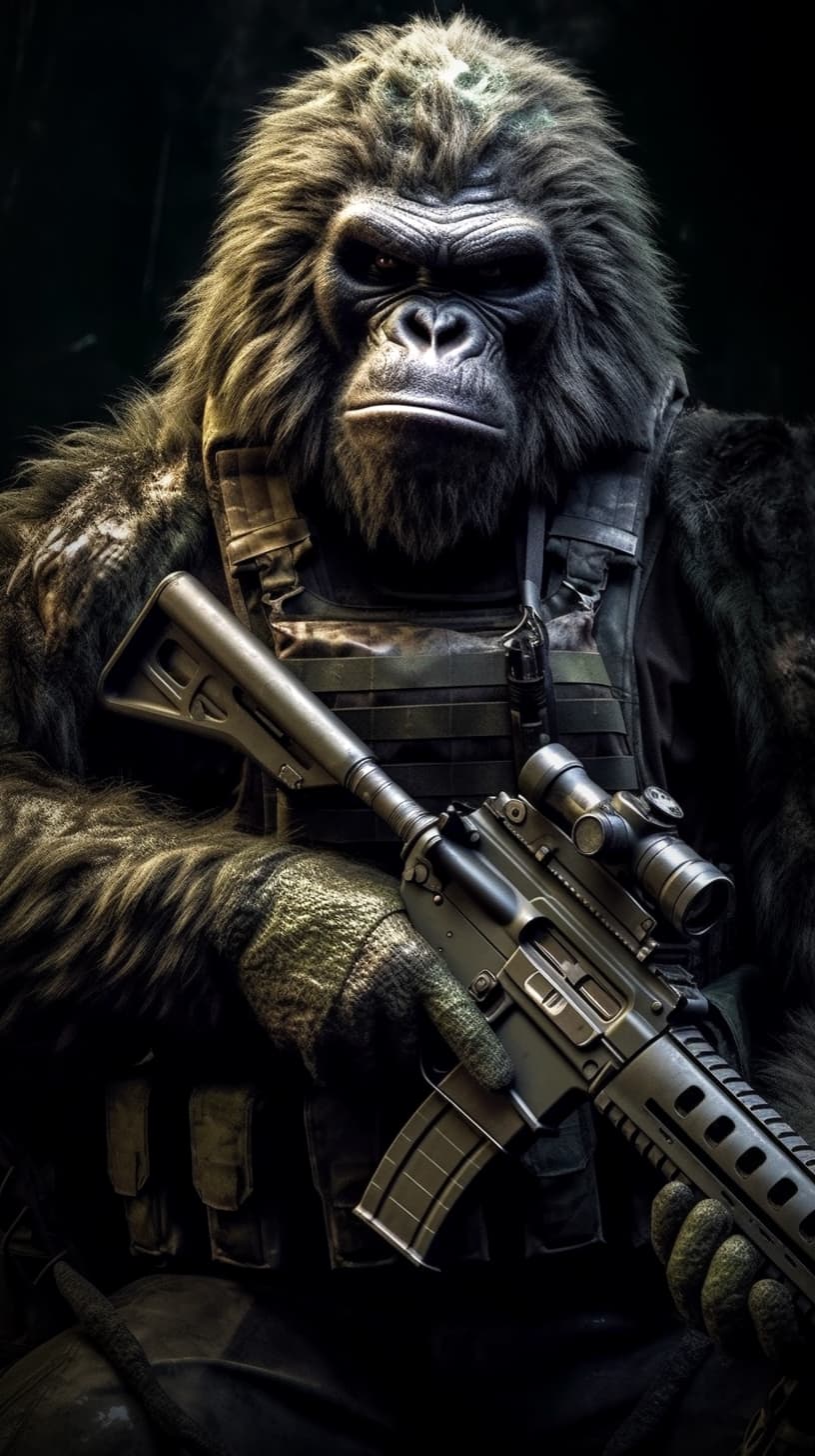 AI generated: Battle-hardened gorilla in full military armor, holding a carbine rifle, anthropomorphic, super deta...