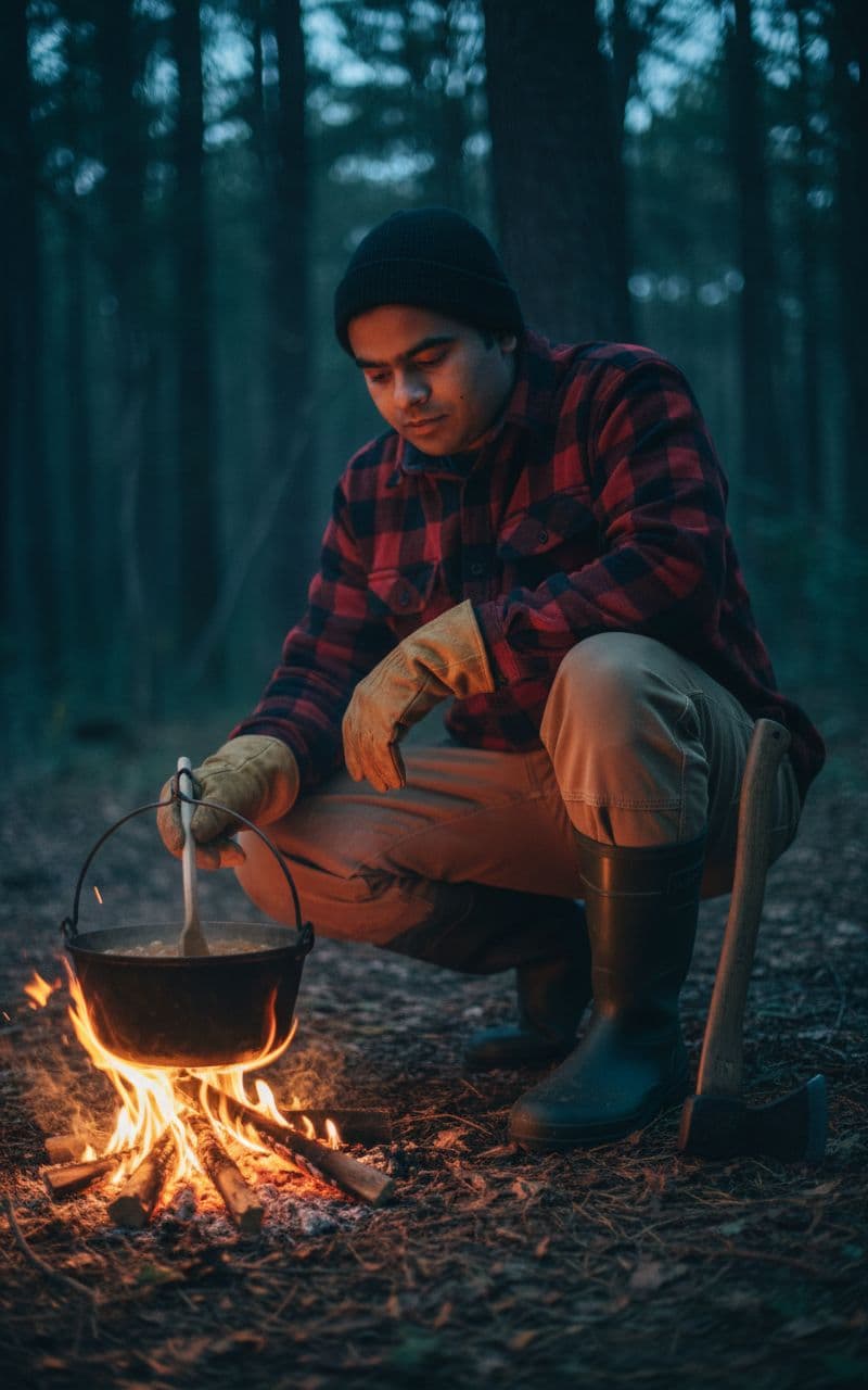AI generated: (Camping Look):
Subject: A practical late-20s man. Clothing: Heavy flannel shirt (red and black pla...