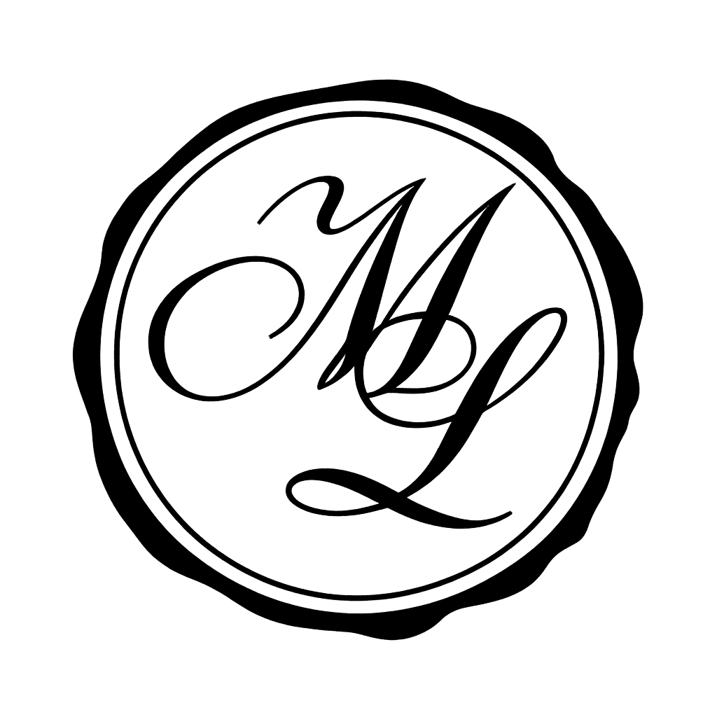 AI generated: Minimal design for a wax stamp. I need the design to be black and white, 2d and contain the M and L ...