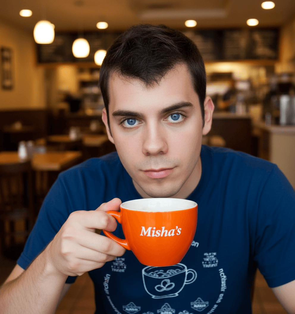 AI generated: The guy has blue eyes. He is at a coffee shop. He is grabbing his orange coffee cup. The cup says on...
