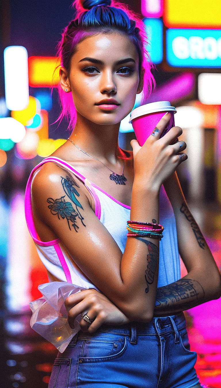 AI generated: Create an image of a young woman with a defiant and captivating expression, holding a cup of coffee,...