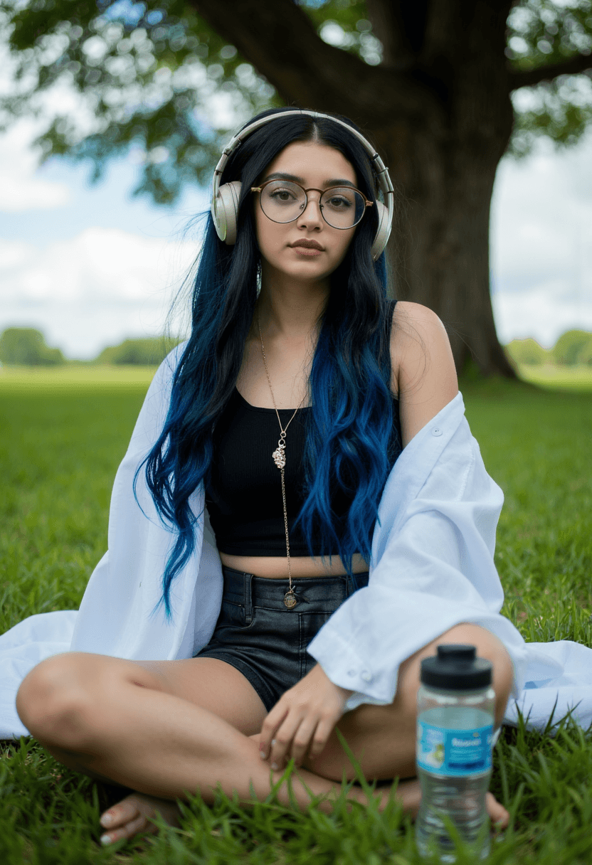 AI generated: A woman sits on the lush green grass of a tranquil field, her confident demeanor radiating through e...