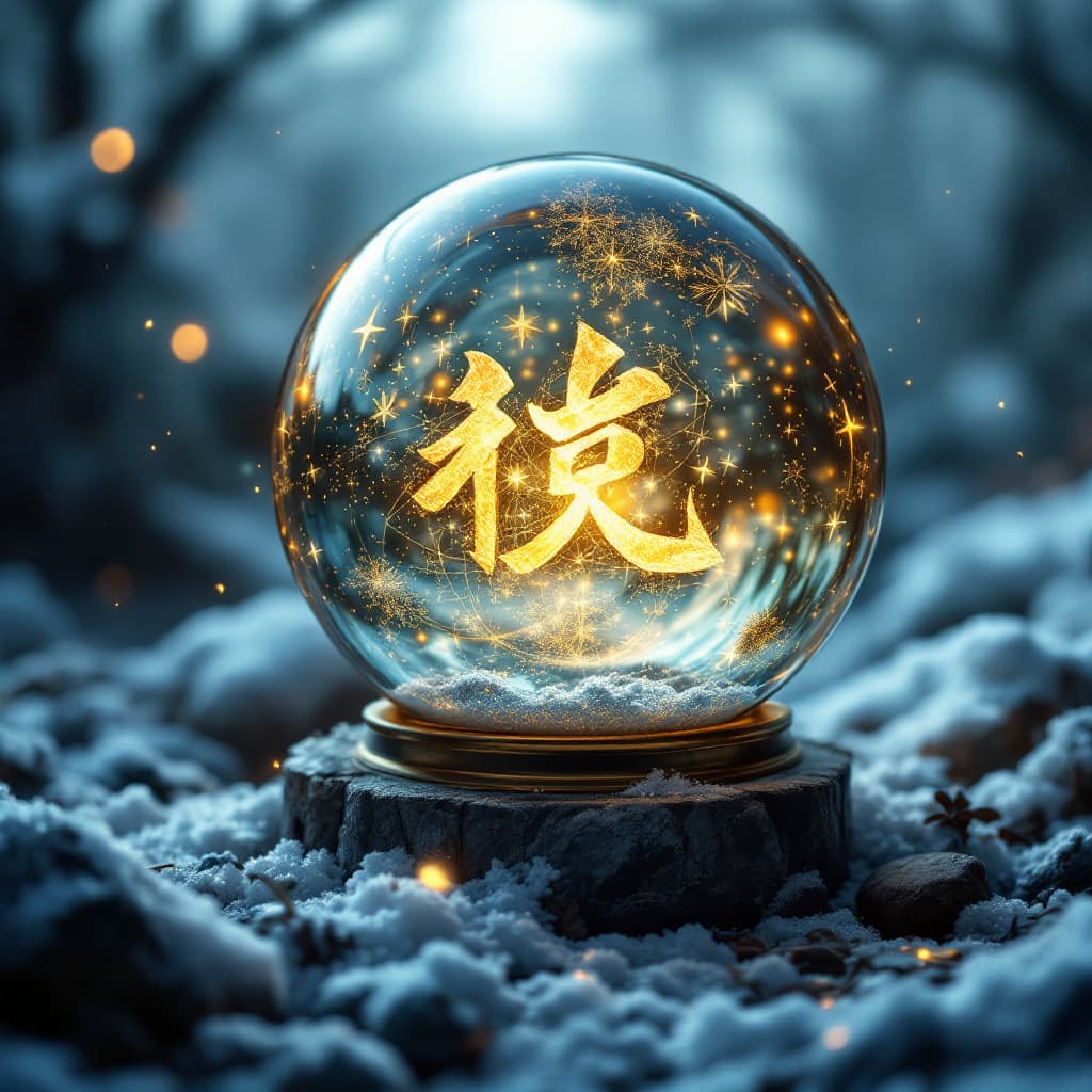 AI generated: a magic ball, it contains a whole world of New Year's magic written "Tom Liu" written accurately.