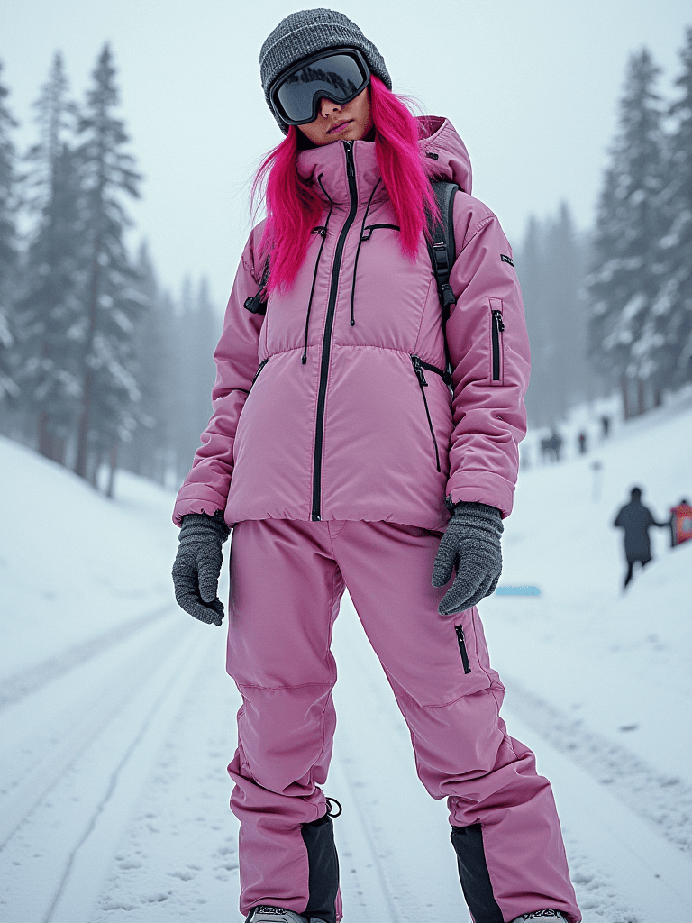 AI generated: Winter scene with a woman in a pink insulated jacket and snow pants, gray gloves, and beanie, standi...