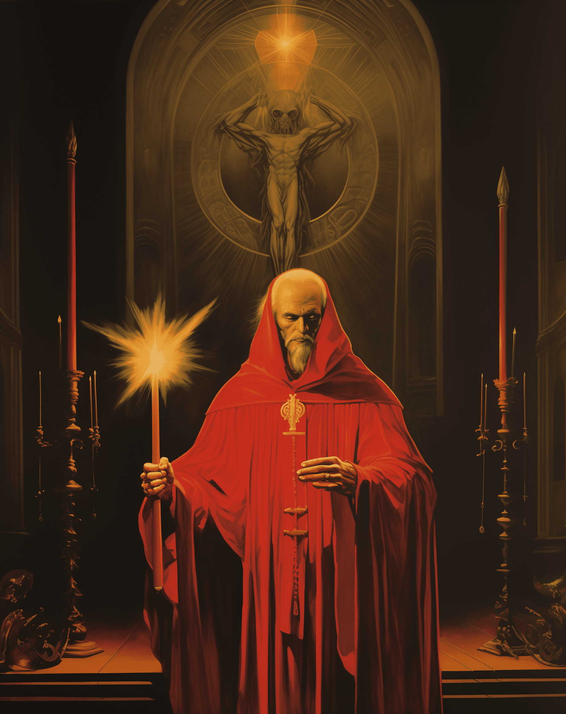 AI generated: 70s dark fantasy book cover art, black robed priest with large staff and red boots kneeling before a...