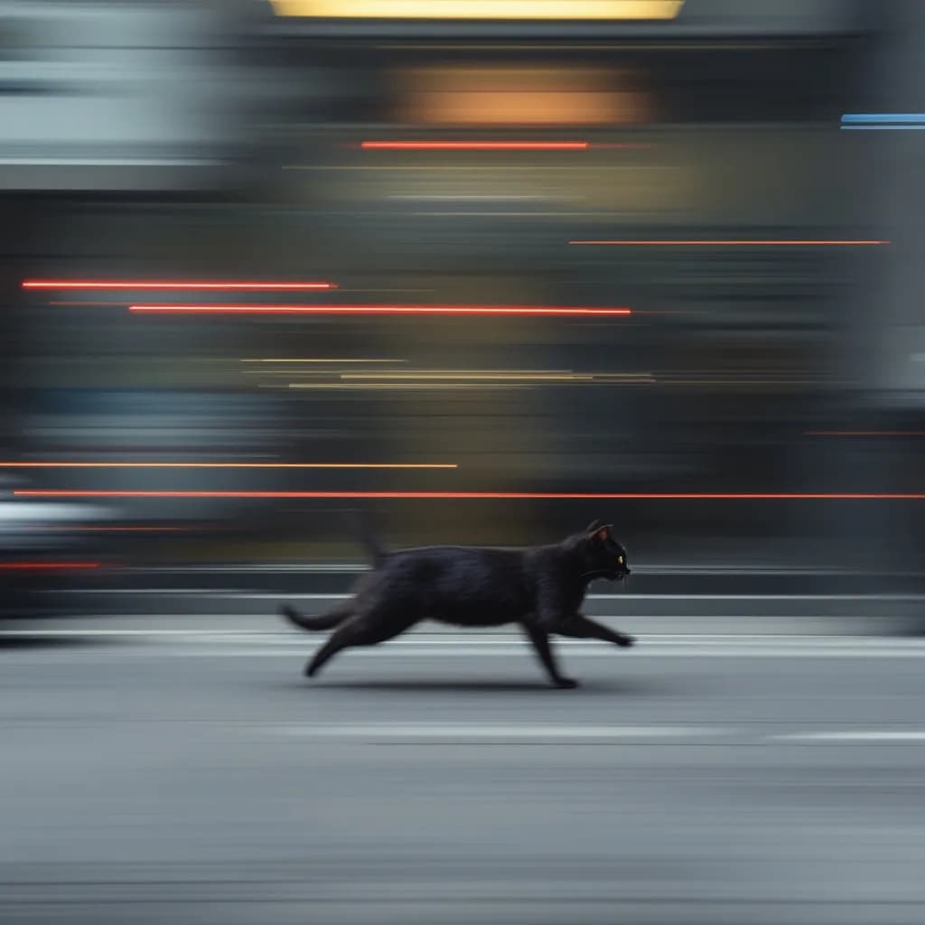AI generated: conceputal image, commercial, rapid red line theme, wide shot, passing by running black cat blurring...