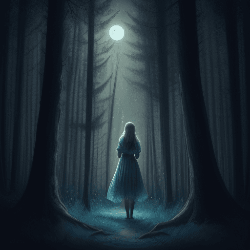 AI generated: Illustrator, Nighttime forest, Girl standing, Digital illustration software, Realistic, Full-color d...