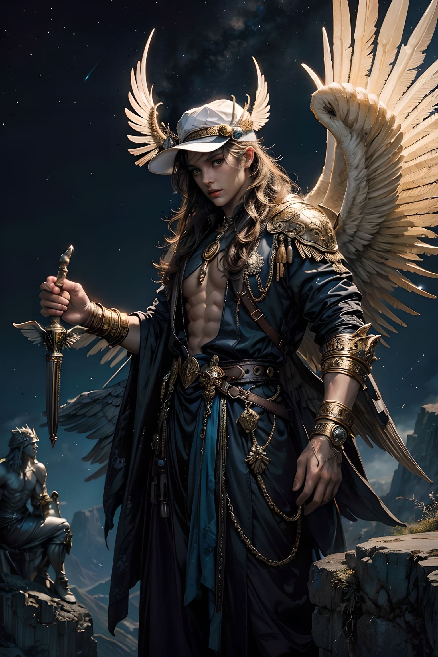 AI generated:  God of travel and messenger(greek roman mythology:Hermes),(Agile and elegant young man,messy hair,(...