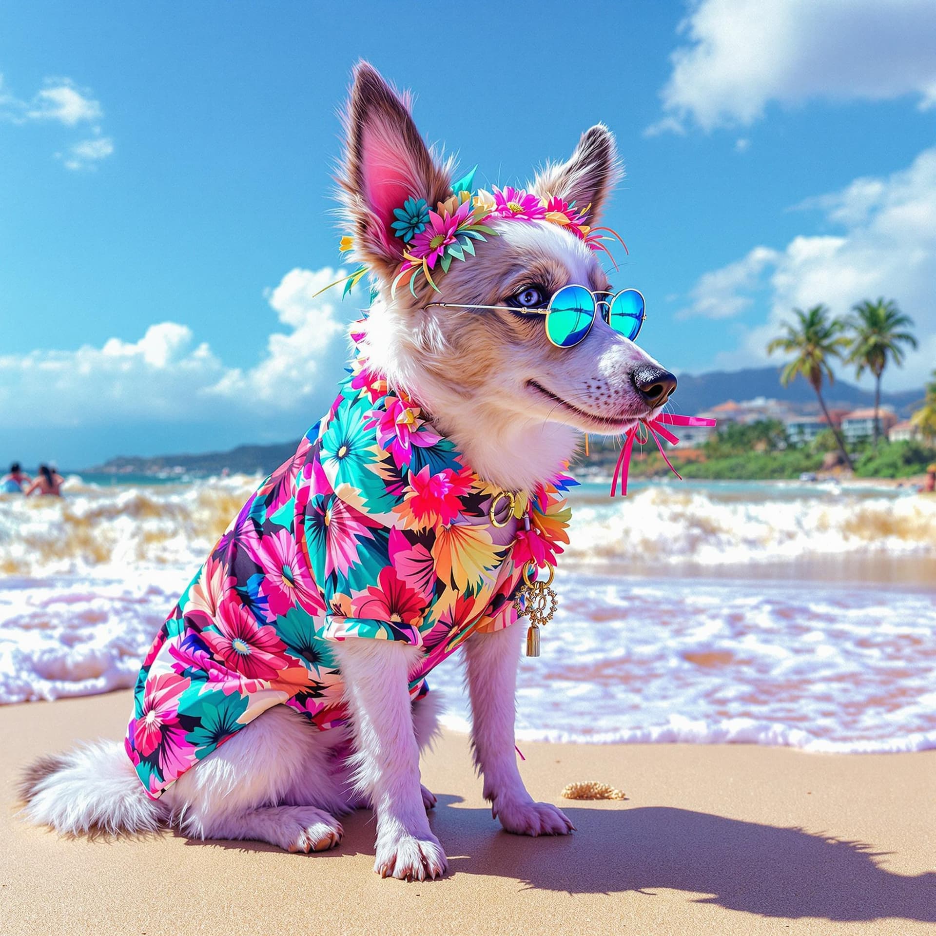 AI generated: shot of vaporwave fashion dog in Hawaii
