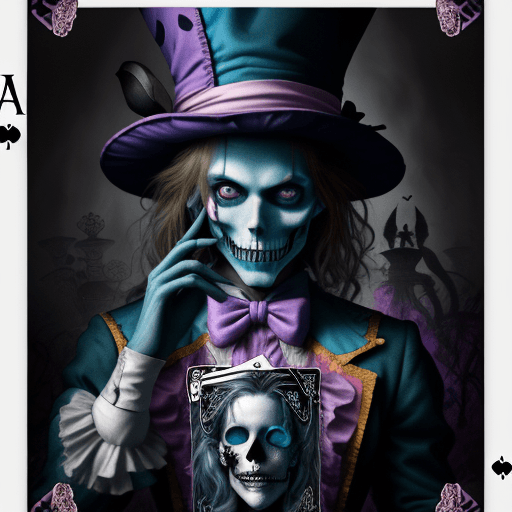 AI generated: alice in wonderland, mad hatter the magician in a tarot card, highly detailed, half skull face, cine...