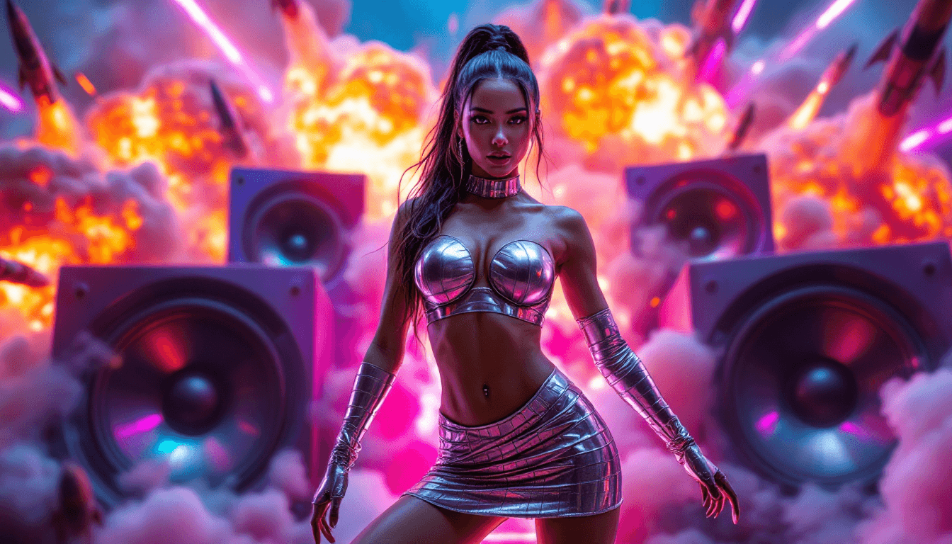 AI generated: A Stunning Woman in futuristic silver armor costume,  posing amidst explosions and large speakers, v...