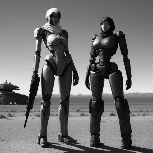 AI generated: A black and white cinematic scene set in a post-apocalyptic desert landscape. To the left, a towerin...