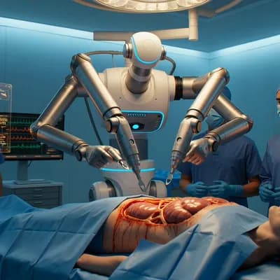 AI generated video: 


A futuristic robotic surgery scene inside an ultra-modern operating room. A highly advanced AI-po...