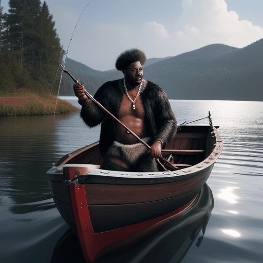 AI generated: Black man wearing wolf pelt inside a wooden boat fishing hyper-realistic image