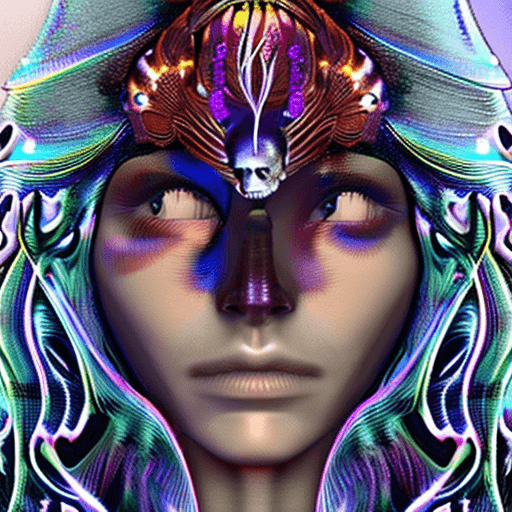 AI generated: goddess close-up portrait ribcagel. jellyfish phoenix head, nautilus, orchid, skull, betta fish, bio...
