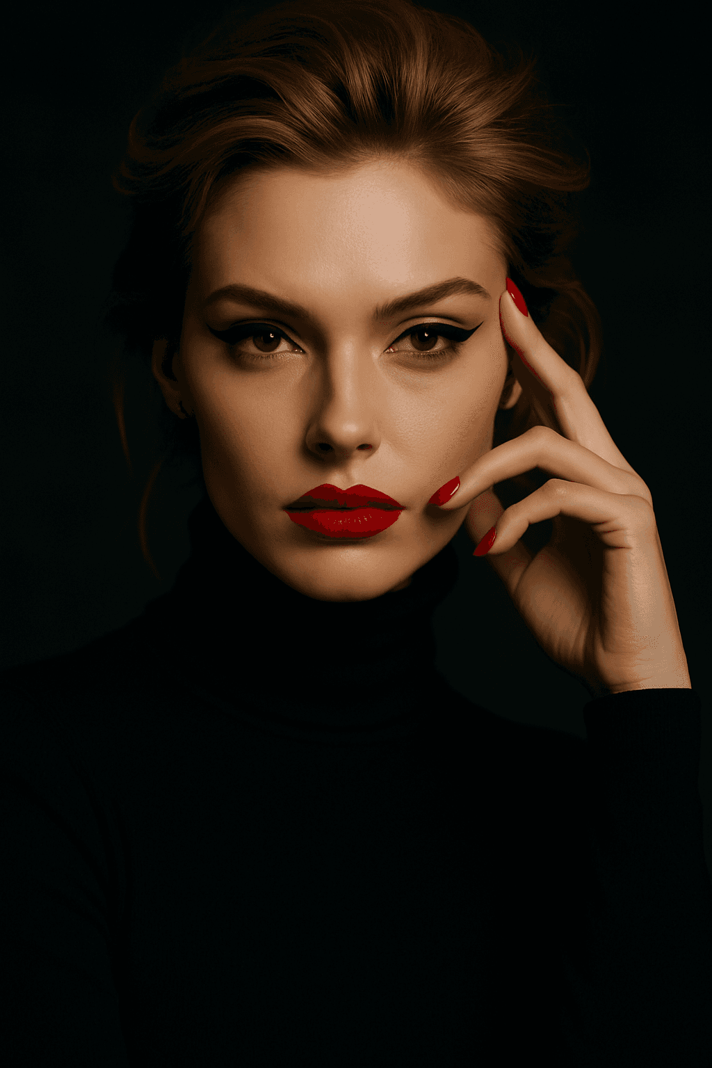 AI generated: A cinematic close-up portrait of a striking woman in a sleek black turtleneck, her face softly illum...