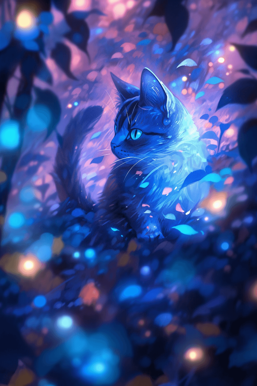 AI generated: Beautiful anime cat dissolving into vibrant blue fabric, surrounded by natural beauty, neon lamp, ph...