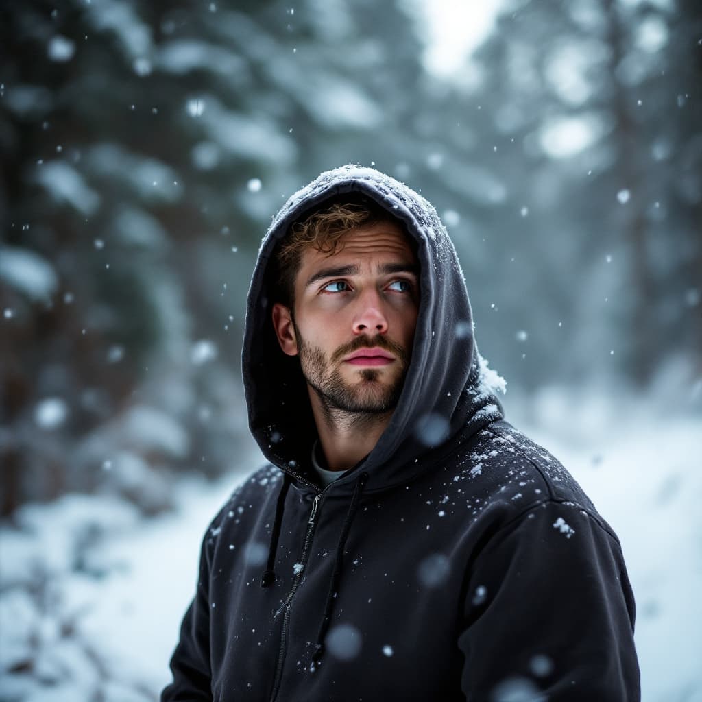 AI generated: "Please describe a scene in which a man wearing a hoodie stands amidst a snowy landscape, with light...
