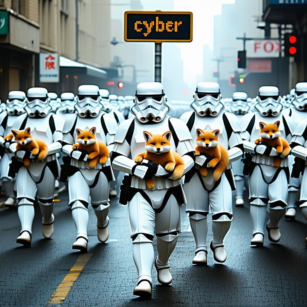 AI generated: An army of storm troopers holding stuffed foxes marching, muted colors, photorealistic, cinematic, c...