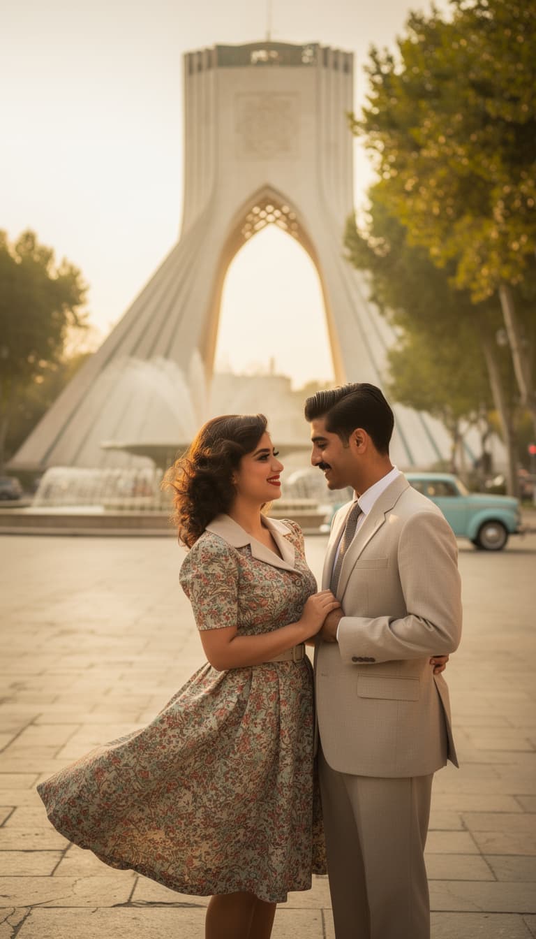 AI generated: The young couple from the 1950s stands in the heart of Tehran, with the iconic Azadi Square (formerl...