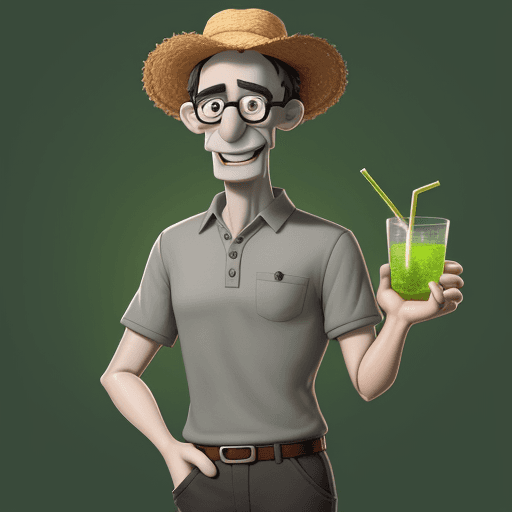 AI generated:  A men, full body, smilling, without beard, short gray hair, black glasses, straw hat, wearing a gre...