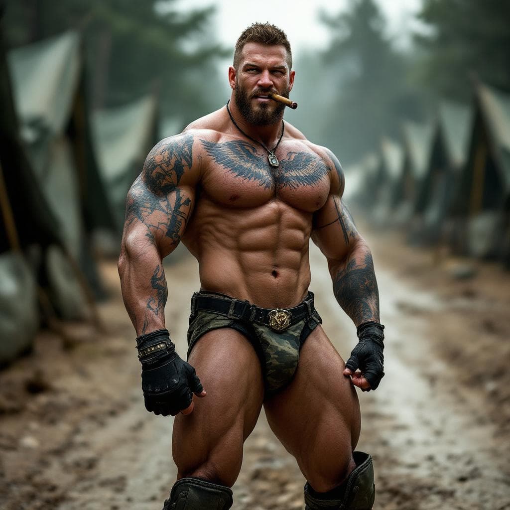 AI generated: Chris Redfield, Full body image, looking at us, shirtless, muscular abs, lots of tattoos, eagle ches...