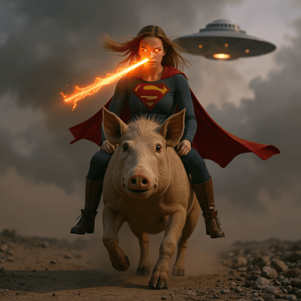 AI generated: superhero shoots an infrared beam from her eyes at a UFO hidden in the clouds.