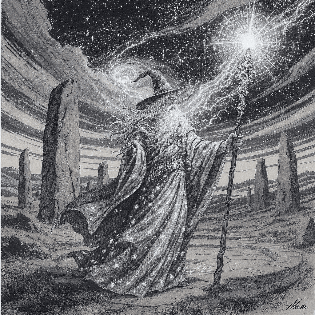 AI generated: A wise Wizard, his long robe emblazoned with shimmering constellations, holding an ancient, glowing ...