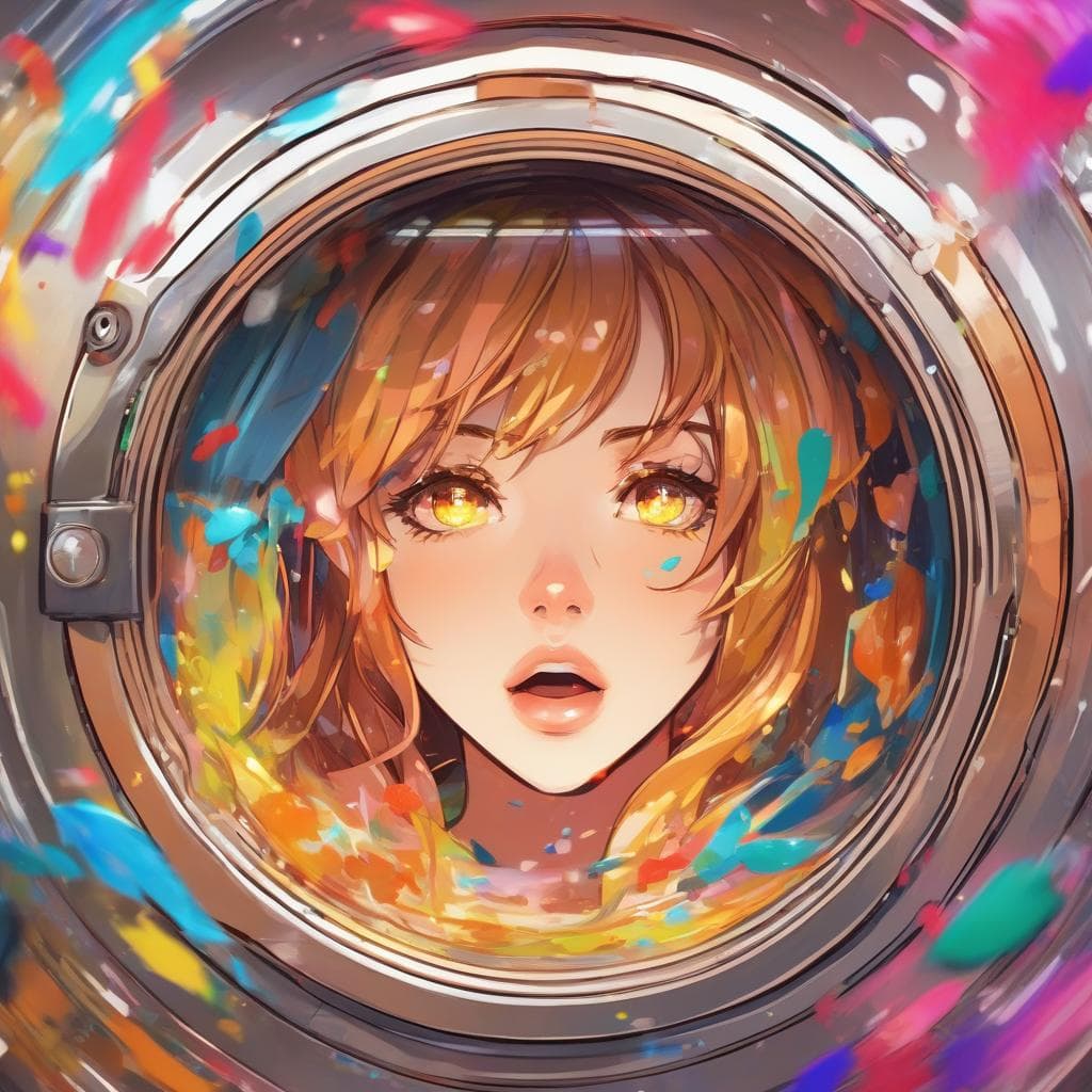 AI generated: Anime style, The hypnotized face of a woman looking from outside into a washing machine, centered. T...