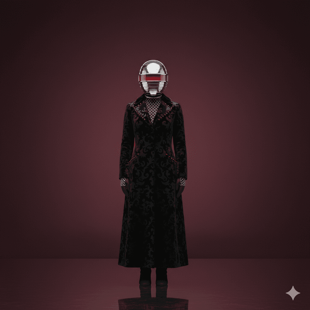 AI generated: {
  "scene": "Burgundy gradient with floor reflection.",
  "subjects": [
    {
      "type": "Figure...