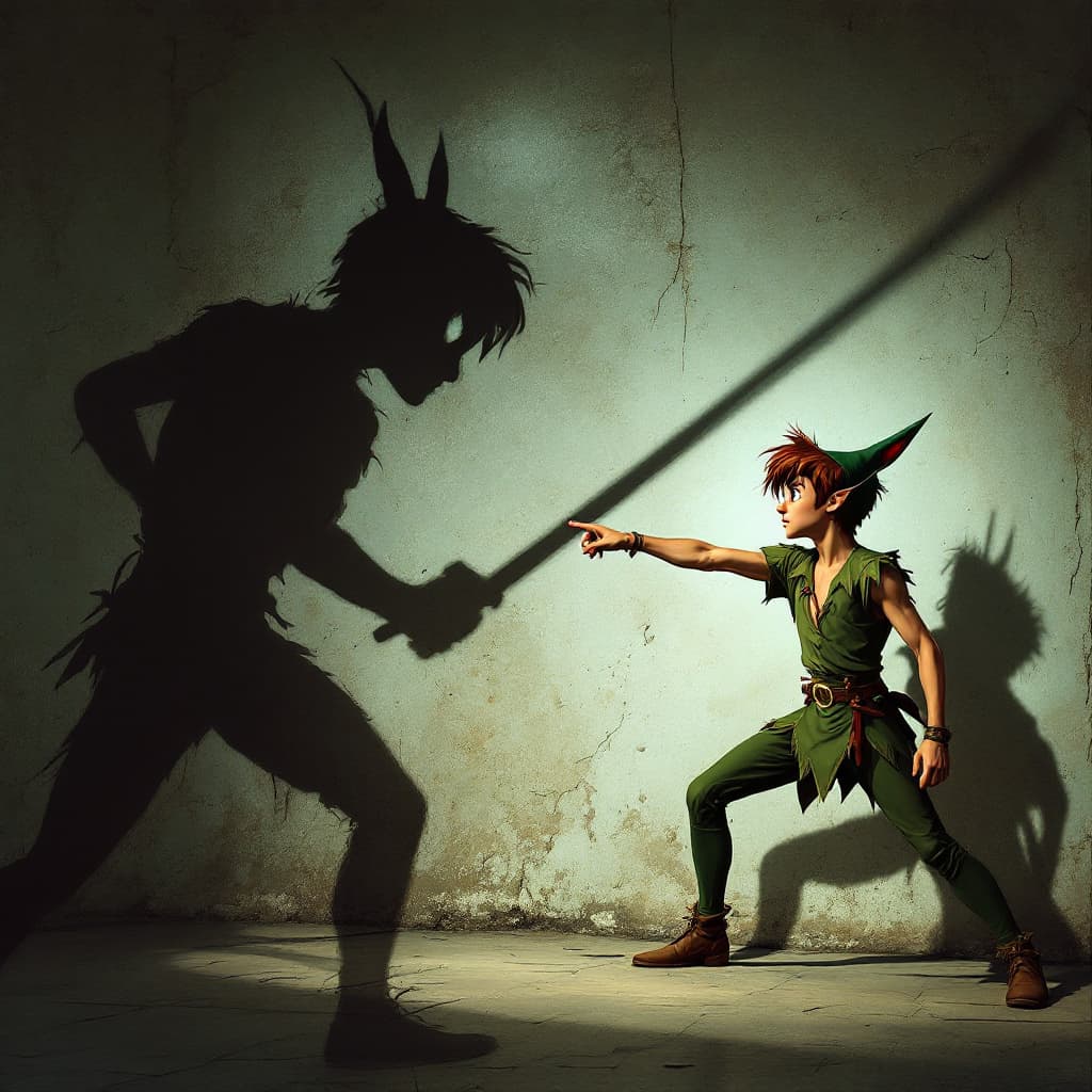 AI generated: realistic photo peter pan is fencing with his shadow against the wall
