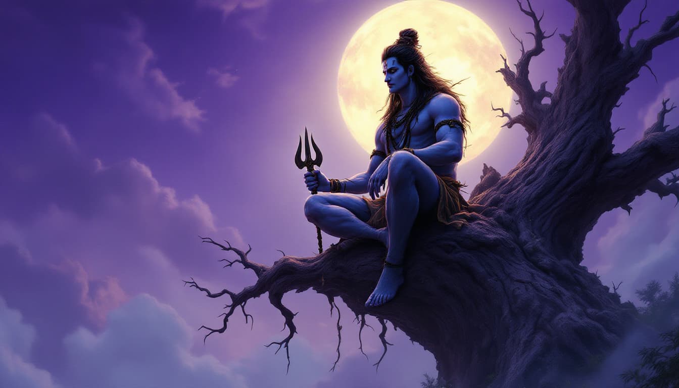 AI generated: A lord shiva figure sits on the edge of an old tree, holding a trishul in one hand, under a full moo...