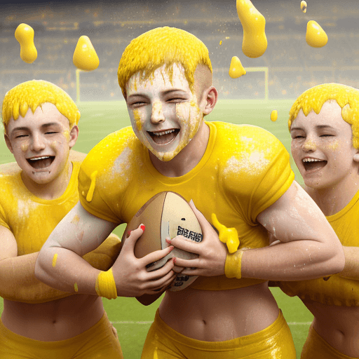 AI generated: smiling, sweaty, caucasian american football players with short cropped hair, throwing custard pies ...