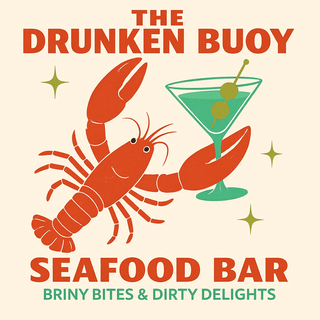 AI generated: A retro-style digital illustration for a fictional seafood bar named “The Drunken Buoy.” The central...