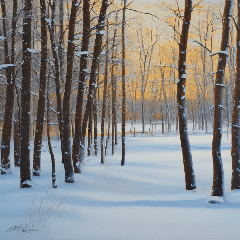 AI generated: an oil painting of some trees in the snow, shutterstock, american scene painting, birch swamp, mid f...