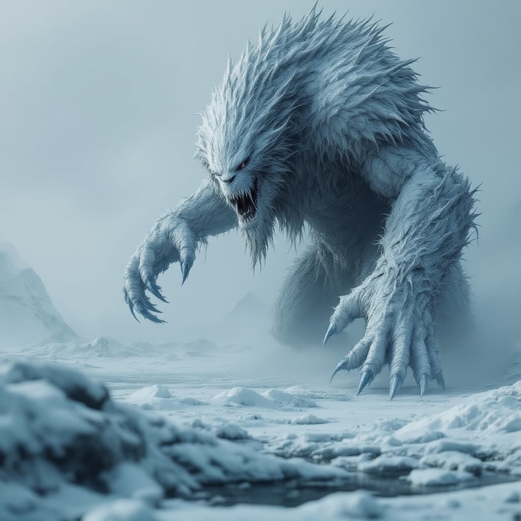 AI generated: an enormous snow monster is standing on the ice, in the style of epic fantasy scenes, manticore, exp...