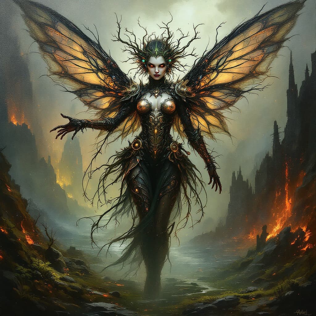 AI generated: Create a masterpiece oil painting of an unconventional fairy, breaking away from traditional depicti...