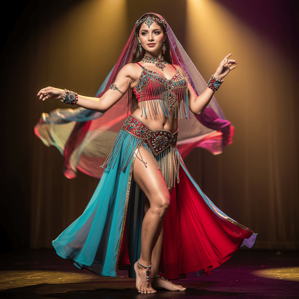 AI generated: a photo of woman (age 19) standing on top of a stage in a traditional belly dance costume for a fema...