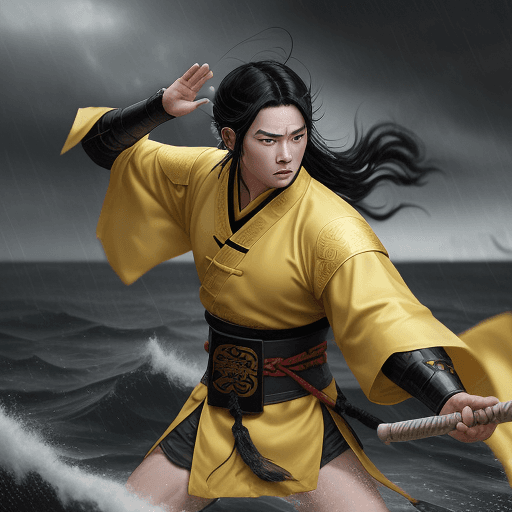 AI generated: A young warrior in ancient China with black hair and wearing yellow Hanfu is fighting on the sea und...